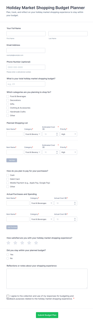 Holiday Market Shopping Budget Planner Form Template