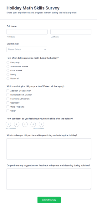 Holiday Math Skills Survey Form Template