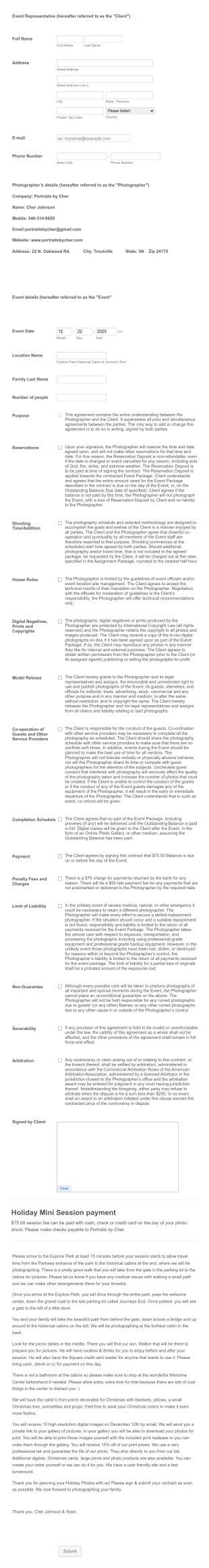 Holiday Mini Session Contract Form Template