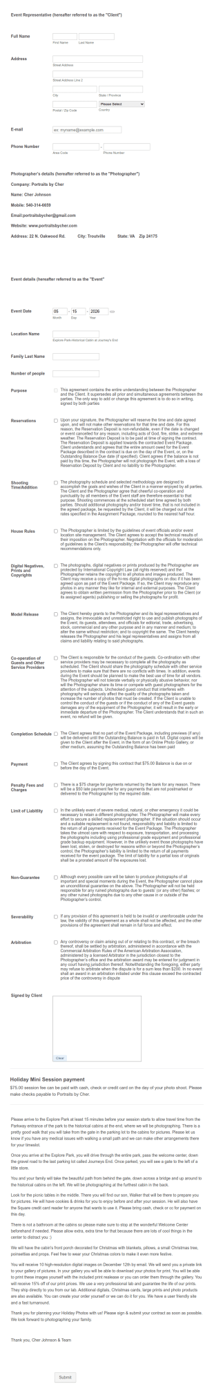 Holiday Mini Session Contract Form Template