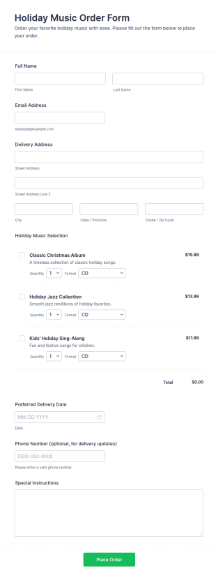 Holiday Music Order Form Template