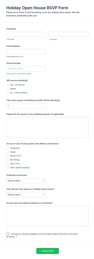 Holiday Open House RSVP Form Template