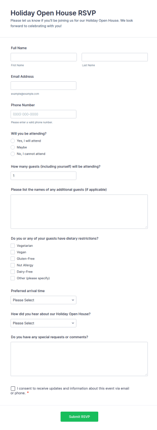 Holiday Open House RSVP Form Template