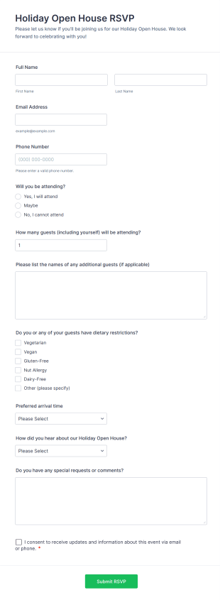Holiday Open House RSVP Form Template