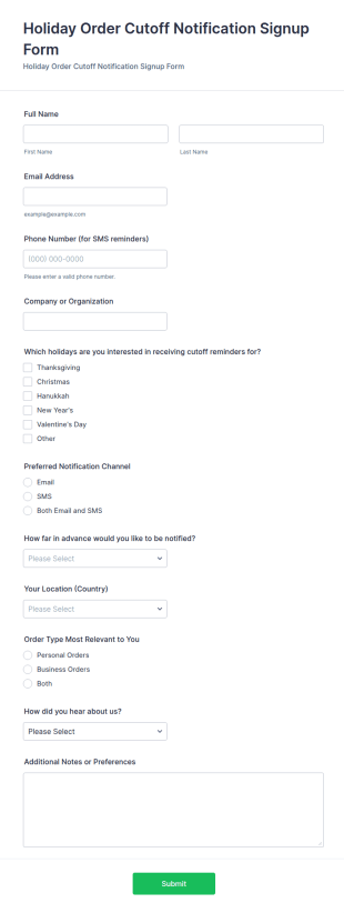 Holiday Order Cutoff Notification Signup Form Template