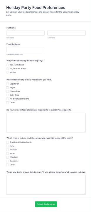 Holiday Party Food Preferences Form Template