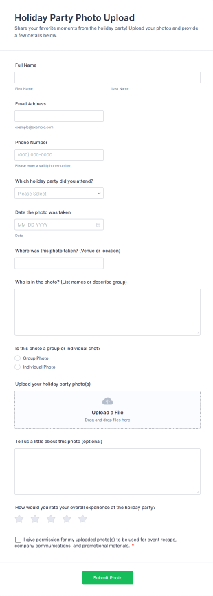 Holiday Party Photo Upload Form Template
