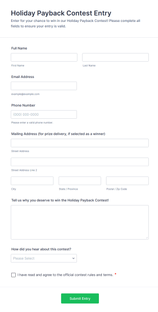 Holiday Payback Contest Entry Form Template