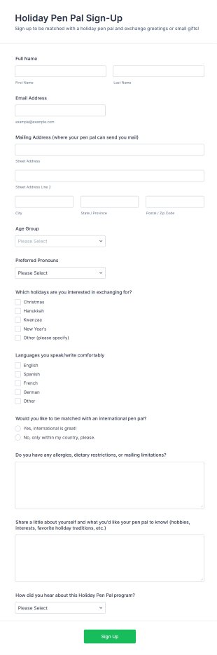 Holiday Pen Pal Sign Up Form Template