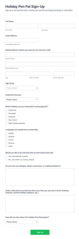 Holiday Pen Pal Sign Up Form Template