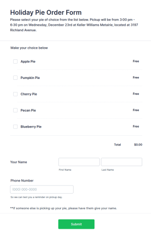 Holiday Pie Order Form Template