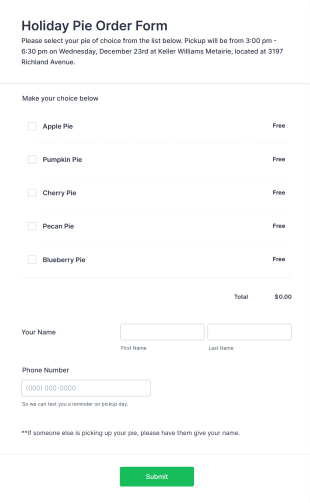 Holiday Pie Order Form Template