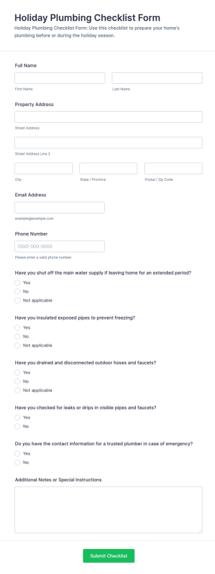 Holiday Plumbing Checklist Form Template