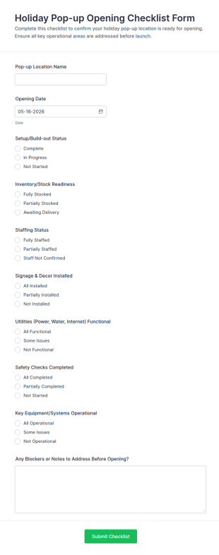 Holiday Pop Up Opening Checklist Form Template
