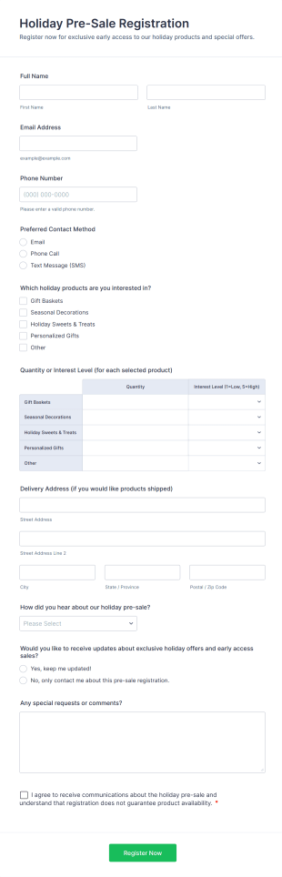 Holiday Pre Sale Registration Form Template