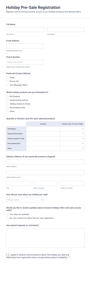 Holiday Pre Sale Registration Form Template