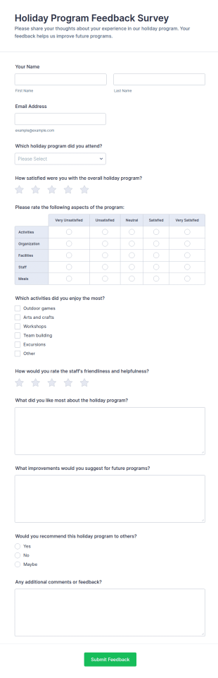 Holiday Program Feedback Survey Form Template