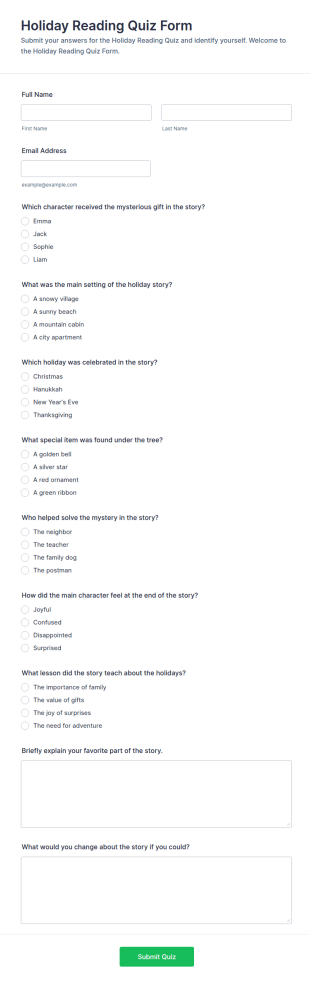 Holiday Reading Quiz Form Template