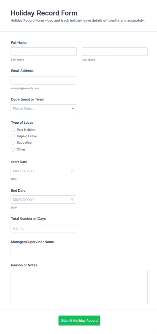 Holiday Record Form Template
