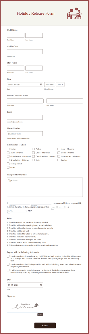 Holiday Release Form Template