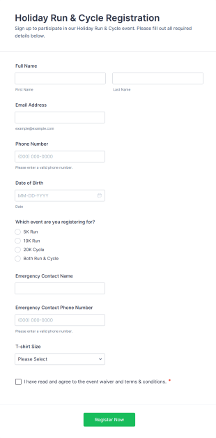 Holiday Run & Cycle Registration Form Template
