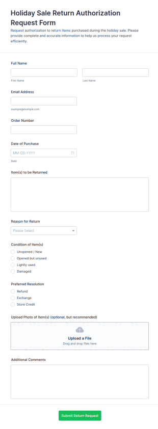 Holiday Sale Return Authorization Request Form Template