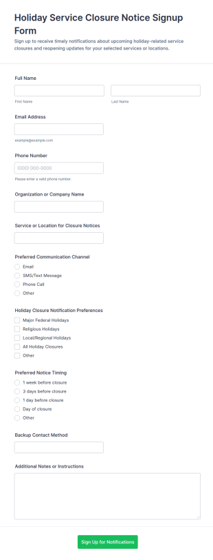 Holiday Service Closure Notice Signup Form Template