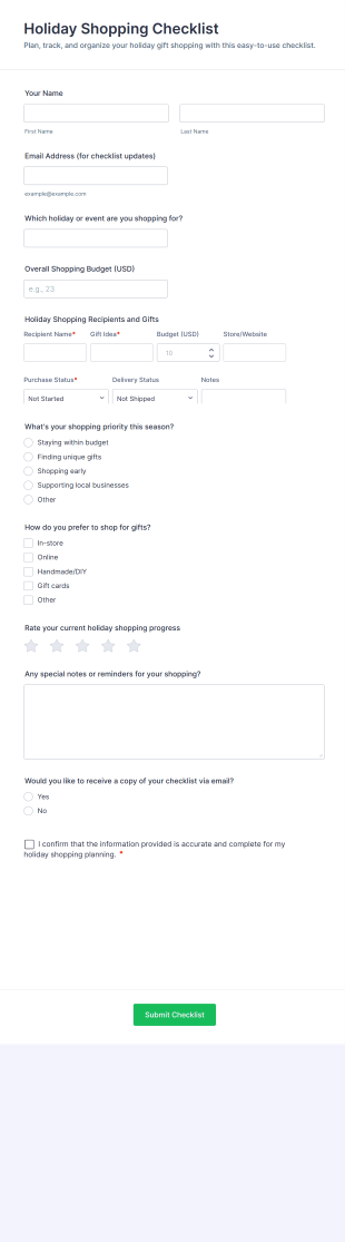 Holiday Shopping Checklist Form Template