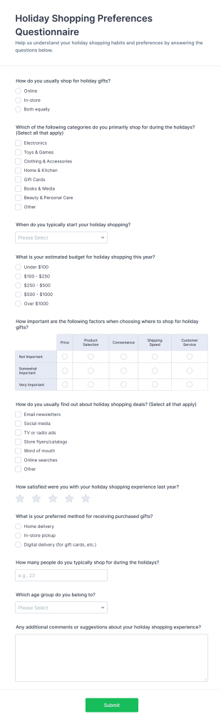 Holiday Shopping Preferences Questionnaire Form Template
