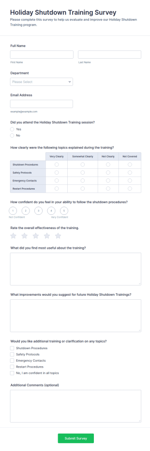 Holiday Shutdown Training Survey Form Template