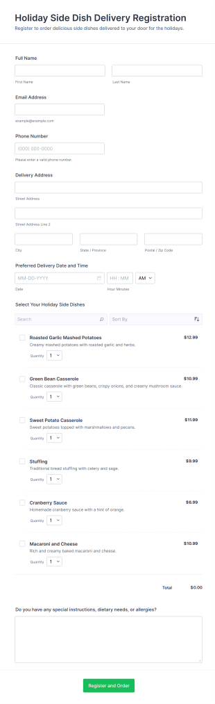 Holiday Side Dish Delivery Registration Form Template