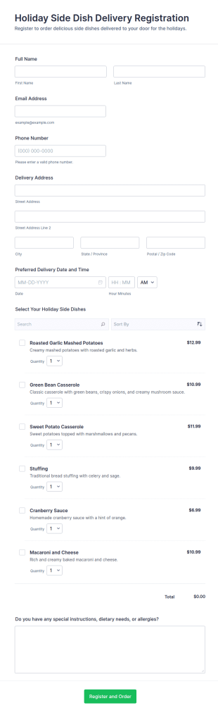 Holiday Side Dish Delivery Registration Form Template