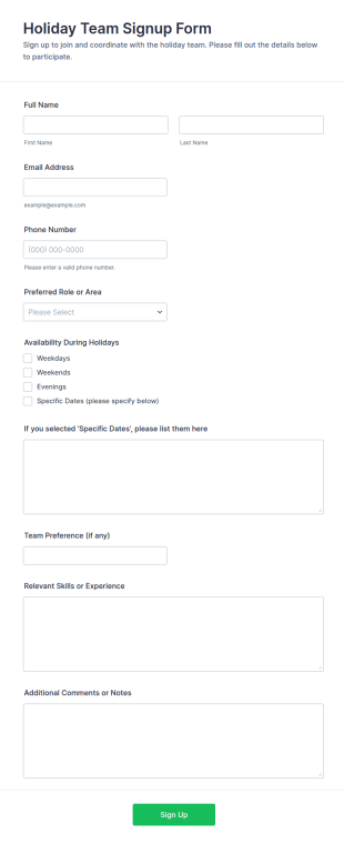 Holiday Team Signup Form Template