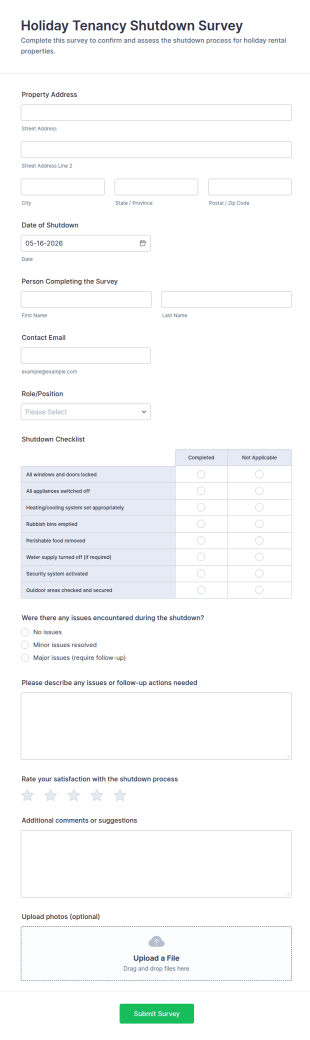 Holiday Tenancy Shutdown Survey Form Template