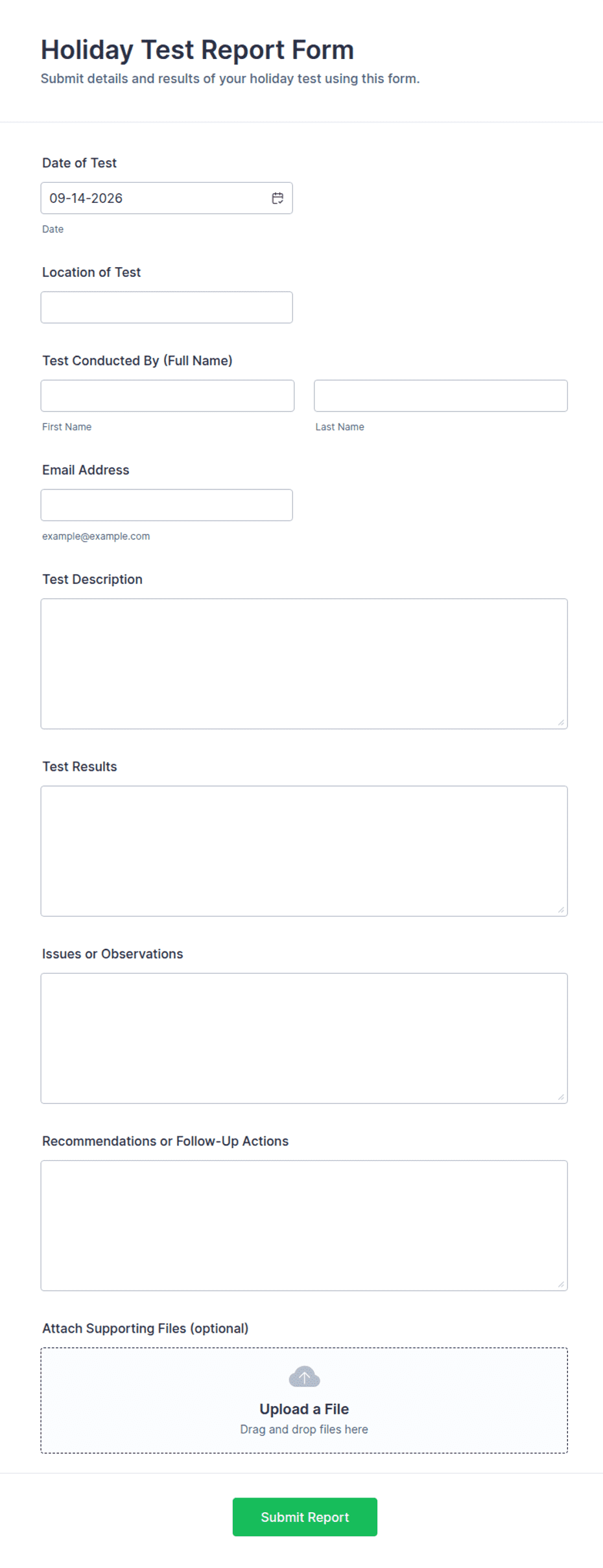 Holiday Test Report Form Template | Jotform