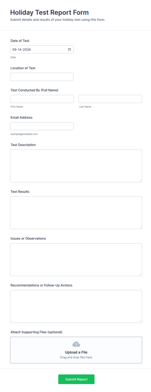 Holiday Test Report Form Template