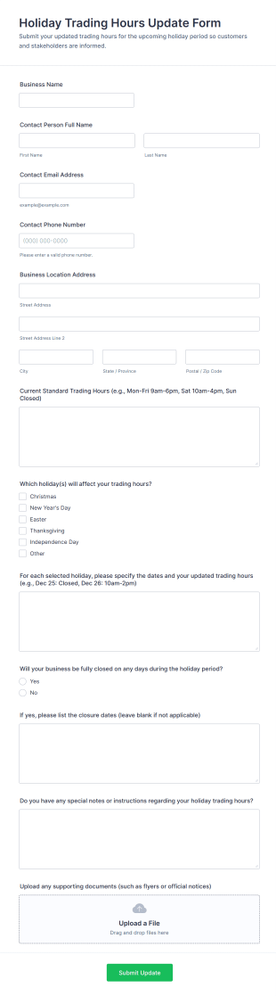 Holiday Trading Hours Update Form Template