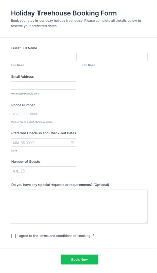 Holiday Treehouse Booking Form Template