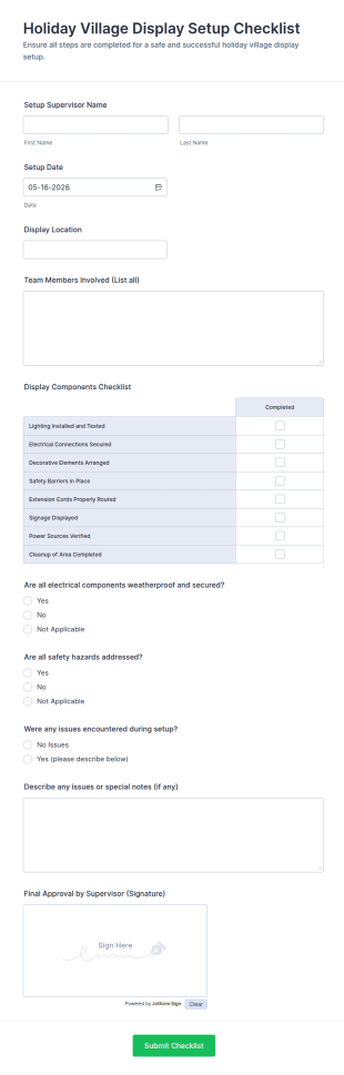 Holiday Village Display Setup Checklist Form Template