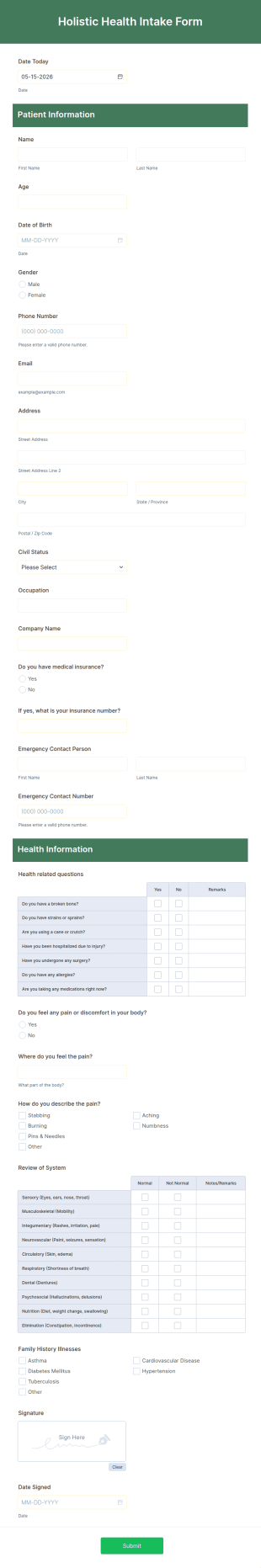 Holistic Health Intake Form Template