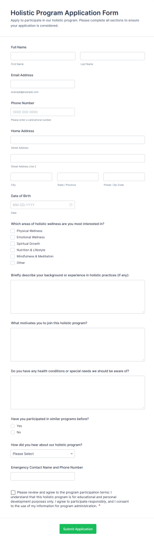 Holistic Program Application Form Form Template