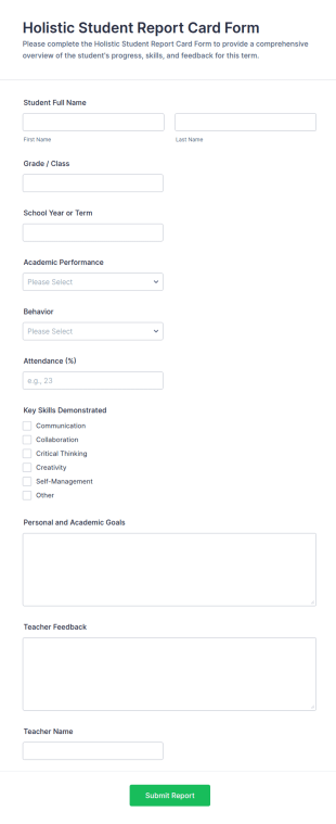 Holistic Student Report Card Form Template