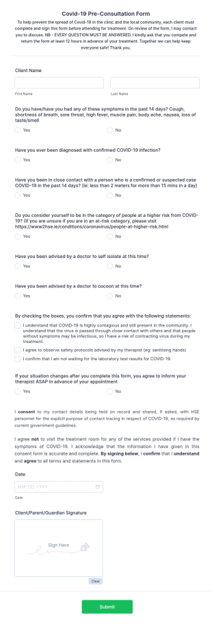 Holistic Therapies Covid 19 Pre Consultation Form Template
