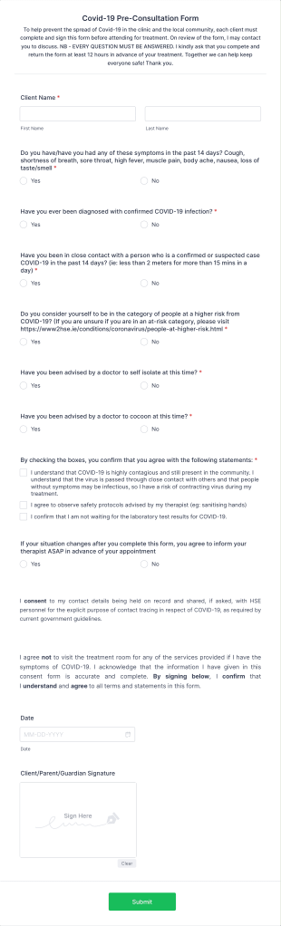 Holistic Therapies Covid 19 Pre Consultation Form Template