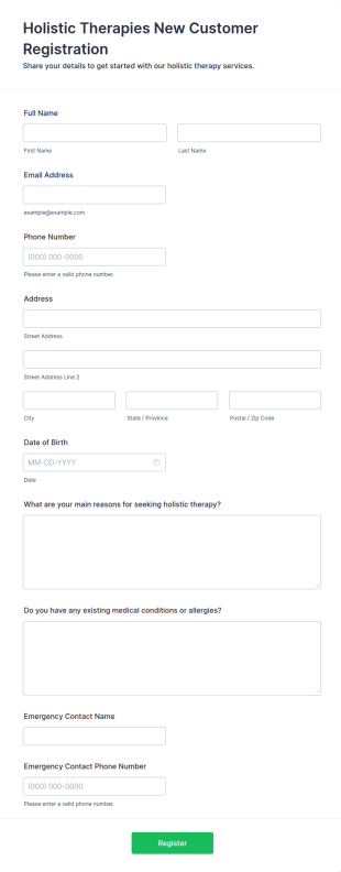 Holistic Therapies New Customer Registration Form Template