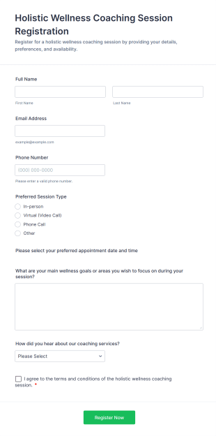 Holistic Wellness Coaching Session Registration Form Template
