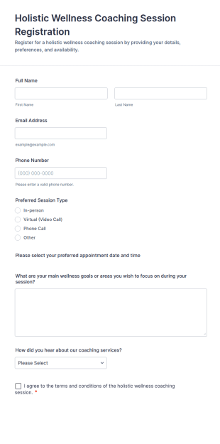 Holistic Wellness Coaching Session Registration Form Template