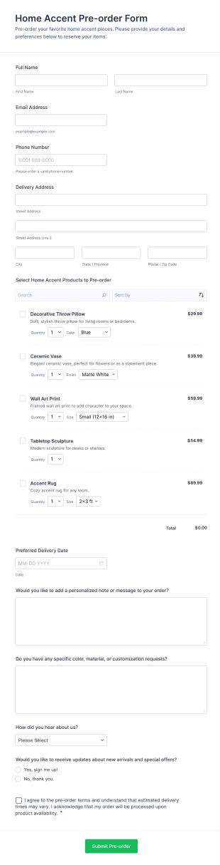 Home Accent Pre Order Form Template