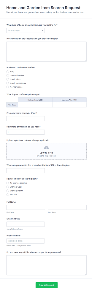 Home And Garden Item Search Request Form Template