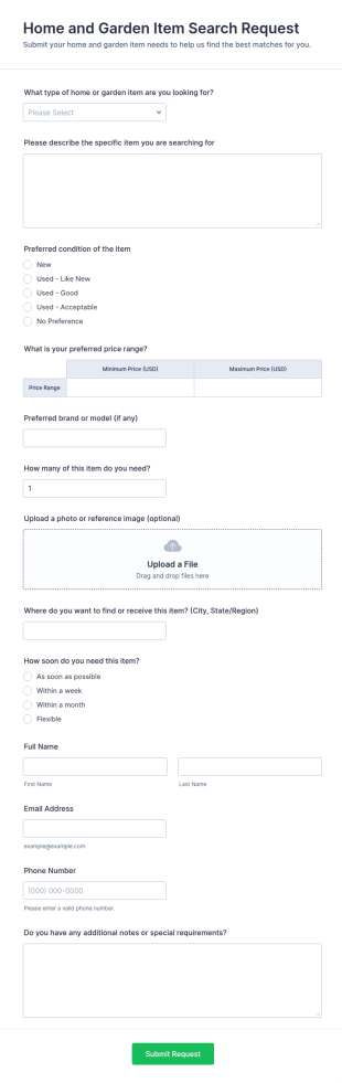 Home And Garden Item Search Request Form Template